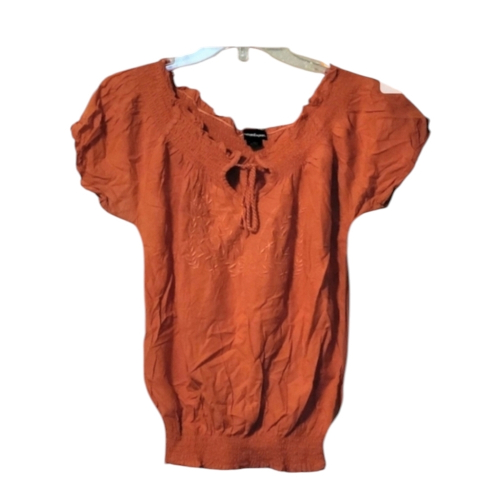 Cotton Express Coral Peasant Smocked Ruffled Keyhole Front Blouse Size Medium